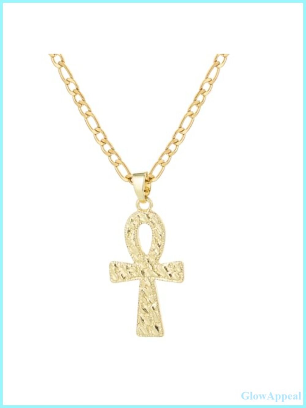 Ankh Cross Pendant Necklace 14K White Gold Plated Stainless Steel Figaro Chain